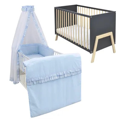 Produktbild von Babybett Kinderbett Gitterbett Juna 60x120 Anthrazit Schutzgitter Matratze Bettwäsche Set 10tlg Royal Blau Rüsche