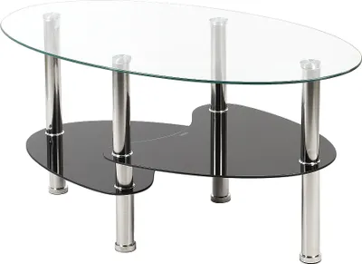A modern glass and metal coffee table with a black lower shelf.