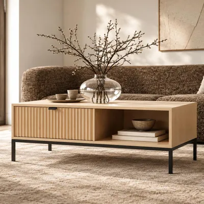Produktbild von Modernes Geriffelter Couchtisch KIOTO Ł2SZ Eiche Vicenza Schwarz Gestell Wohnzimmertisch