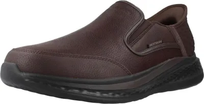 A single brown men's slip-on shoe is shown from a side angle against a white background.