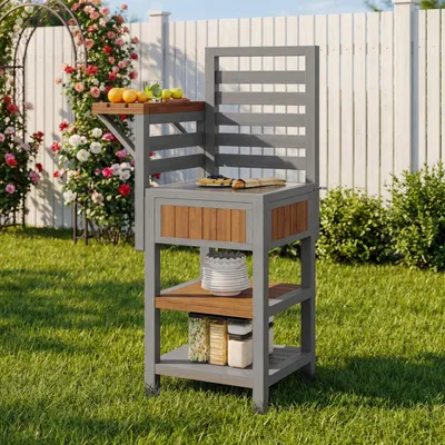 Produktbild von Gartenschrank Holz Outdoor Wetterfest mit Edelstahl Arbeitsfläche Großer Geräteschrank mit Doppelablage und Stauraum Grillstation Natur Silber