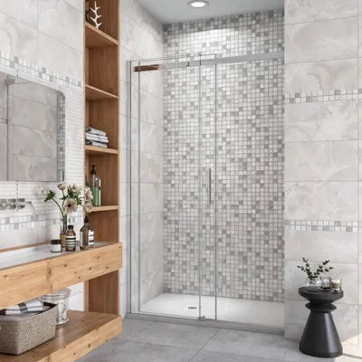 A modern bathroom with a shower cabin, vanity, and shelving.