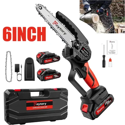 Produktbild von Mini Kettensäge - Akku Motorsäge 15 cm - Handliche Kabellose Astsäge - 2 Akkus - Für Gartenarbeit, Baumschnitt und Brennholzsägen - Rot