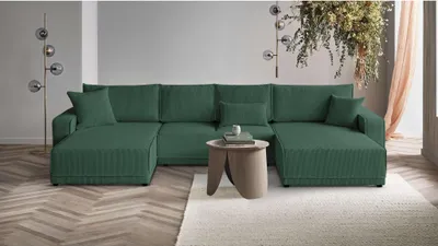 Produktbild von U-Form Ecksofa Primo U Polsterecke für Wohnzimmer mit Schlaffunktion und Bettkasten Eckcouch aus Cordstoff, Stoff: poso 14 - grün