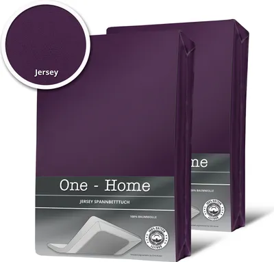 Two packaged fitted sheets in a deep purple color, with a close-up inset showing the fabric texture labeled 'Jersey'.