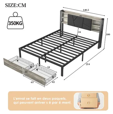 Produktbild von Polster-Doppelbett mit LED und USB - Bettgestell 140x200 cm - 2 Schubladen - PolyurethanKopfteil - Metallrahmen mit Stauraum - Schwarz