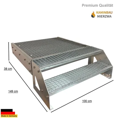 Zdjęcie produktu dla Schody na podest Schody stalowe wolnostojące 2 stopnie Wysokość 38 cm łącznie z podestem 100x100cm bez balustrady Ocynkowane Schody wyrównujące przód/przód Schody zewnętrzne