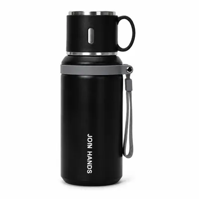 Produktbild von Isolierflasche 600 ml aus 316 Edelstahl, Thermosflasche mit Becherdeckel, Griff und Trageschlaufe, Thermobecher für Kaffee Tee Wasser, Schwarz