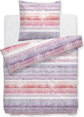 A bedding set, including a duvet cover and pillowcase, with a striped pattern in shades of purple, pink, and white.