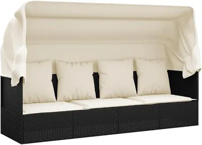 Produktbild von Outdoor-Loungebett mit Dach und Kissen, Rattan Sonnenliege verstellbar, Gartenliege aus Polyrattan in Schwarz mit Polsterung für Terrasse und Balkon, 203 cm