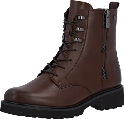 A single brown leather boot is shown against a white background.