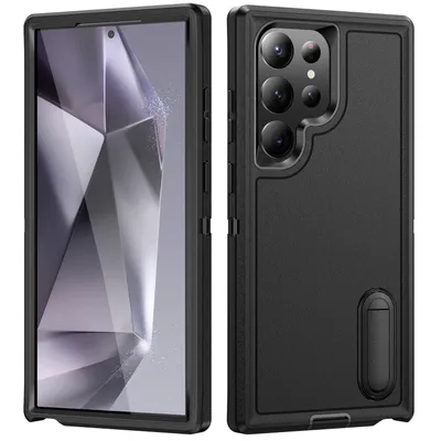 Produktbild von Hülle für Samsung Galaxy S25 Ultra Hybrid Dreilagige Robust Stoßfest Schwerlast Schutzhülle mit Ständer Schwarz