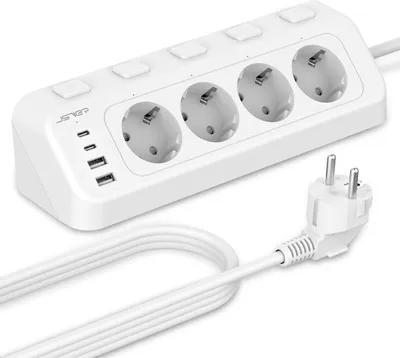 Zdjęcie produktu dla Gniazdko narożne z indywidualnymi przełącznikami – listwa zasilająca 4-gniazdowa z 2 portami USB-A i 2 portami USB-C