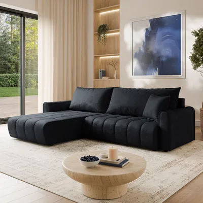 Produktbild von Masseno Ecksofa FRIGA mit Schlaffunktion L-Form, Sofa mit Bettkasten, Wohnzimmersofa, Couch, Soffa, Bettsofa, Couchgarnitur- Schwarz, MONOLITH 95