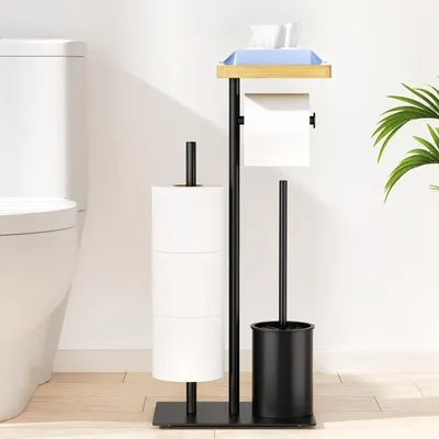 Produktbild von Toilettenpapierhalter stehend, Klopapierhalter Stehend mit Klobürste und Tablett, WC Garnitur mit Toilettenpapierhalter Stehend und Toilettenbürste