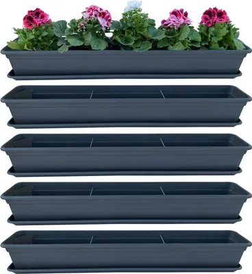 Produktbild von 4er Blumenkasten Set Balkonkasten Pflanzkasten Anthrazit mit Bewässerungssystem und Balkonkasten Untersetzer 100cm