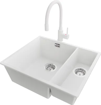 Produktbild von PRIMAGRAN Granitspüle Weiß 56x47cm, Spülbecken 1,5 Becken + Küchenarmatur 38x14cm + Ablauf-Set, Küchenspüle ab 60er Unterschrank - London Slim Duo