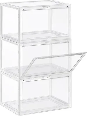Zdjęcie produktu dla Pudełko na buty – zestaw 3 sztuk – organizator na buty z możliwością układania w stos – plastikowe pudełko z przezroczystymi drzwiczkami
