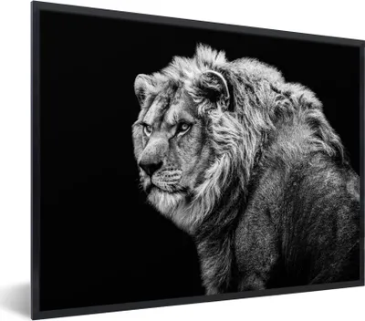 Produktbild von MuchoWow® Gerahmtes Poster Löwe - Porträt - Wildtiere - Schwarz - Weiß 40x30 cm - Poster mit Schwarzem Bilderrahmen Wandposter Rahmen Foto Bilder - Kunstposter - Wanddekorationen