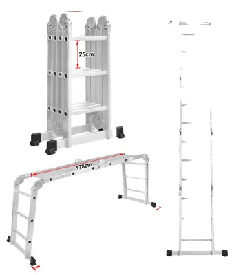 Imagen del producto de Escalera plegable multifunción, con altura ajustable, dos plataformas de trabajo, modelo 4x3 con 12 peldaños