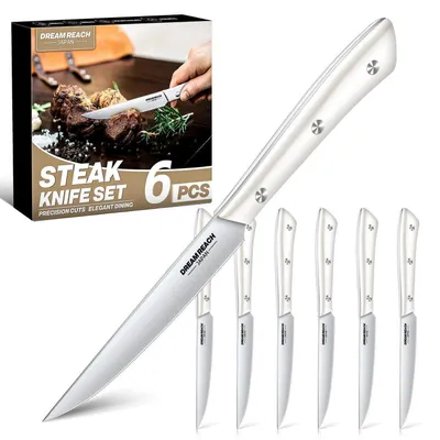 Immagine prodotto di Set di coltelli da bistecca, 6 pezzi, lama extra affilata, costruzione full tang, lavabili in lavastoviglie, acciaio inossidabile, colore argento. Lunghezza: 11 cm