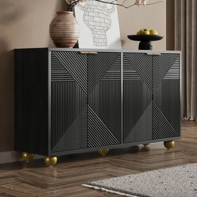 Produktbild von okwish Sideboard Vier Türen Graviertes Design Wohnzimmerschrank mit Verstellbare Einlegeböden und kugelförmigen Beinen Schwarz