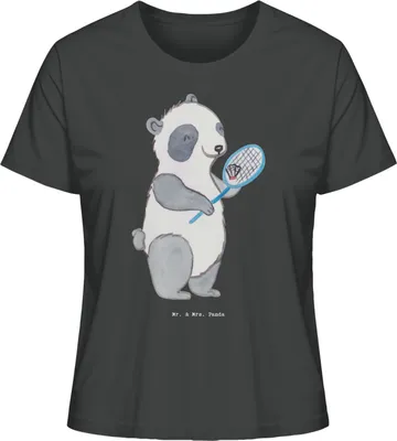 Produktbild von Mr. & Mrs. Panda Oberteil Damen Panda Badminton  Größe L - Anthrazit - Geschenk, Kurzarmshirt, spielen, Basic Shirt, Baumwoll T-Shirt, Sommershirt