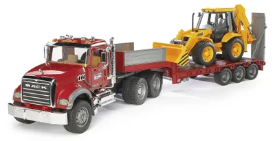 Produktbild von bruder 02813 - MACK Granite LKW mit Tieflader & JCB 4CX Baggerlader - 1:16 Transporter Schwertransporter Truck Baustelle Baufahrzeug Schaufelbagger