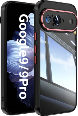 Produktbild von Handyhülle für Google Pixel 9 / Pixel 9 Pro Hybrid Transparent TPU PC Militärschutz mit Kameraabdeckung Schwarz Rot