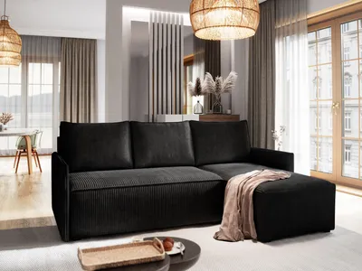 Produktbild von Masseno Narożnik PERUSI z funkcją spania i pojemnikiem na pościel Kształt L, Rozkładana sofa, Rogówka - Czarny, POSO 135