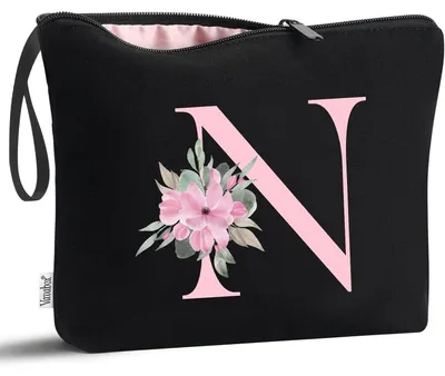 Produktbild von Kosmetiktasche mit personalisiertem Anfangsbuchstaben N Schwarz Baumwolle