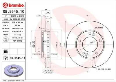Produktbild von 2x BREMBO 09.9545.11 Bremsscheibe Vorderachse