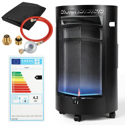 Obrázok produktu pre Prenosný plynový ohrievač Vigevee Blue Flame, 1600 W/4200 W, s regulátorom tlaku a hadicou, 4 otočné kolieska, vrátane 2 adaptérov pre zásuvku typu E