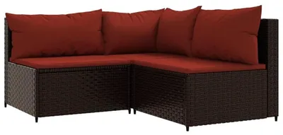 Produktbild von Poly Rattan Sitzgruppe Gartenmöbel Set mit Tisch und Stühlen für Terrasse Balkon wetterfest mit Sitzkissen und verstellbaren Füßen Eckteil + 2x Mittelteil Braun und Rot