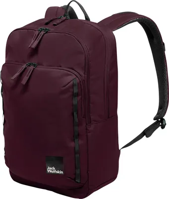A studio shot of a burgundy backpack.