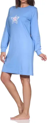 Produktbild von Normann Damen langarm Nachthemd in Kuschel Interlock Qualität mit Bündchen in Sterne Optik ; blau , 48