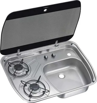 Immagine prodotto di Apparecchio combinato per roulotte e camper - Fornello a gas a 2 fuochi con piano in vetro