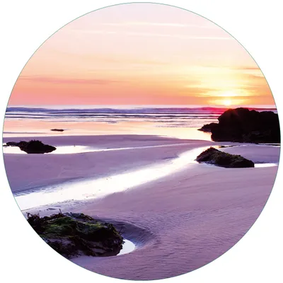 Produktbild von Wallario Premium Glasbild, freischwebende Optik, kräftige Farben, rund 50cm Durchmesser, Motiv Sonnenuntergang am einsamen Strand