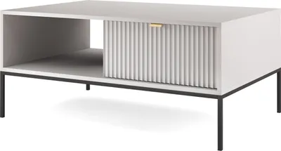 Produktbild von Couchtisch 100 cm Galla - Kaffeetisch mit Schublade - Beistelltisch mit Metallgestell ,geriffelten Fronten & goldene Griffe (Grau + Schwarz)