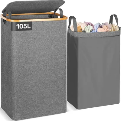 Faltbarer Waschkorb 105 L mit Deckel und Griffen, Grau