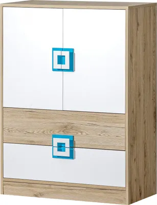 Produktbild von Furniture24 Kommode NICO 09, Schrank, Mehrzweckschrank, Highboard mit 2 Türen und 2 Schubkasten Hell Eiche/Weiß/Türkis