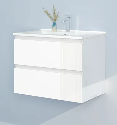 Produktbild von 60cm Badmöbel Set Waschtisch mit Unterschrank Gäste WC Hochglanz Weiß Waschbecken Keramik dünn
