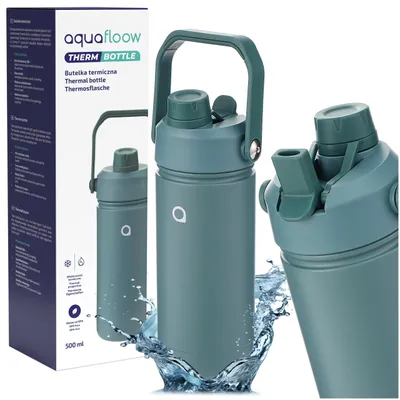 Produktbild von Aquafloow Thermoflasche Edelstahl 500 ml Dunkelgrün mit Strohhalm und Griff