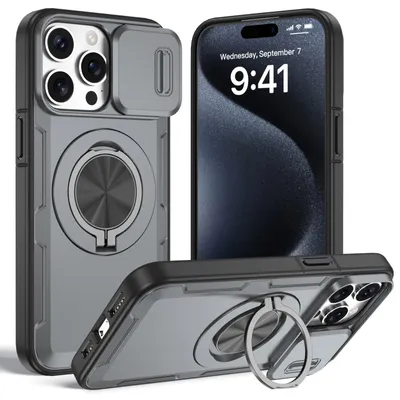 Image de Coque magnétique pour iPhone 15 Pro Max, coque de protection militaire résistante aux chocs avec protection pour l'appareil photo et anneau de fixation/support, gris