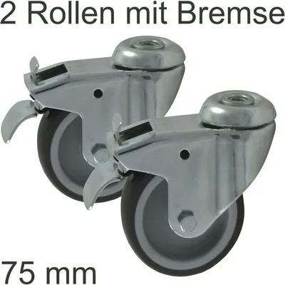 Produktbild von 2 Lenkrollen 75 mm Apparaterolle Vollgummi mit Stopper und Rückenloch-halter