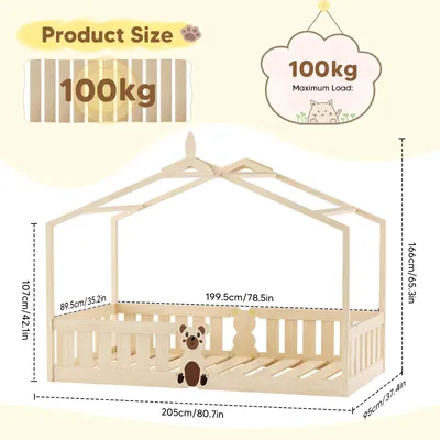 Produktbild von Montessori-Bodenbett für Kinder - Kinderbett - 90 x 200 cm - Rausfallschutz - Lattenrost - Dach - Holzhütte - Gelb