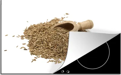 Produktbild von KitchenYeah© Herdabdeckplatte Kreuzkümmel auf weißem Hintergrund mit Holzschaufel , 81x52cm, Küche Deko, Glaskeramikkochfeld Herdabdeckung, Abdeckplatte fùr Kochfeld