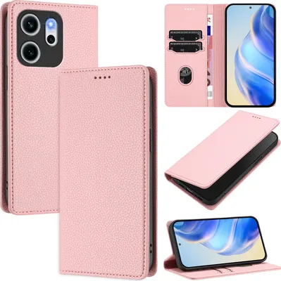 Produktbild von Litchi Leder Handyhülle für Oppo Reno14 F Wallet Kartenfächer Standfunktion Hülle Pink