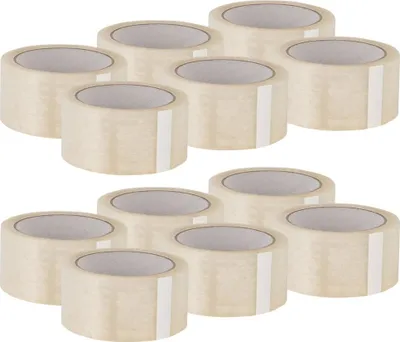 A top-down view of multiple rolls of clear packing tape arranged in rows on a white background.
