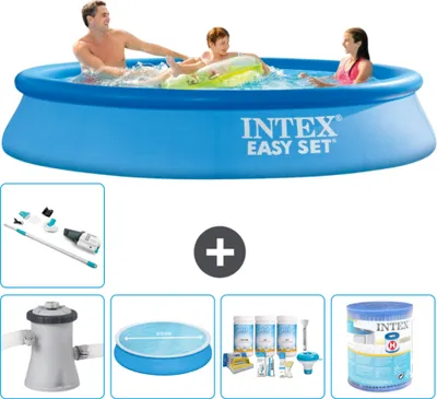 Produktbild von Intex runder aufblasbarer Easy Set-Schwimmpool – 305 x 61 cm – Blau – inklusive Pumpe Sonnensegel - Wartungspaket - Filter - Staubsauger